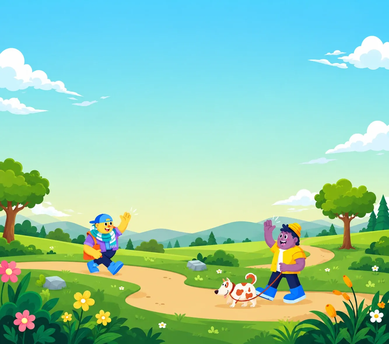 Two friendly neighbours waving in a colourful park