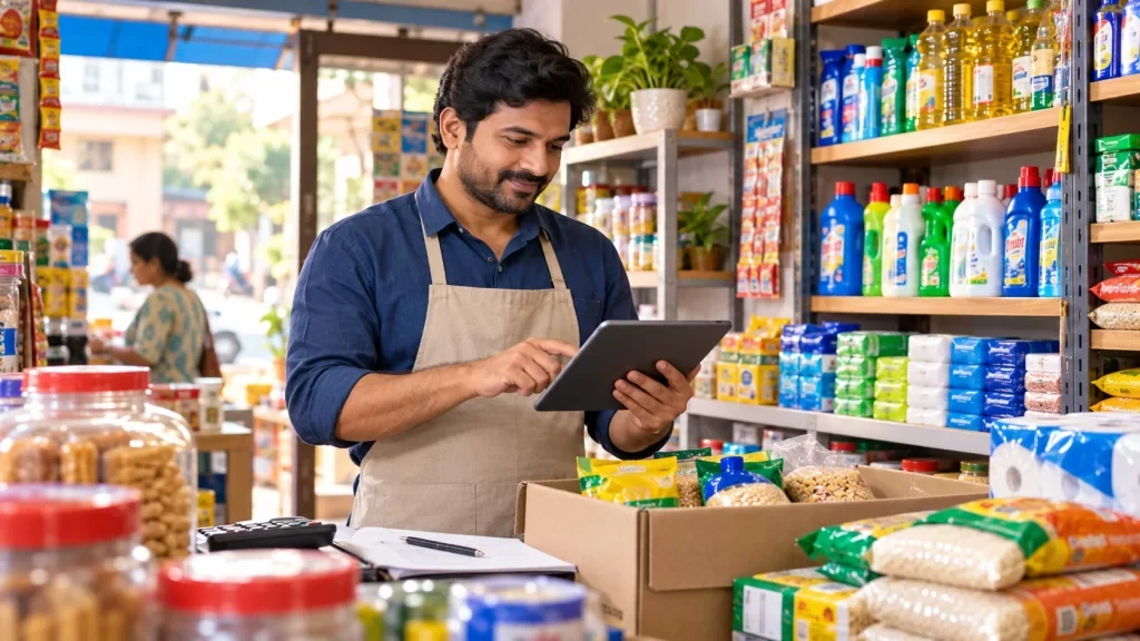 Business listings: Shopkeeper organising stock and a digital product catalogue Business listings: Shopkeeper organising stock and a digital product catalogue