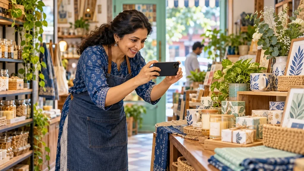Local business profile: Local shop owner photographing a product display Local business profile: Local shop owner photographing a product display