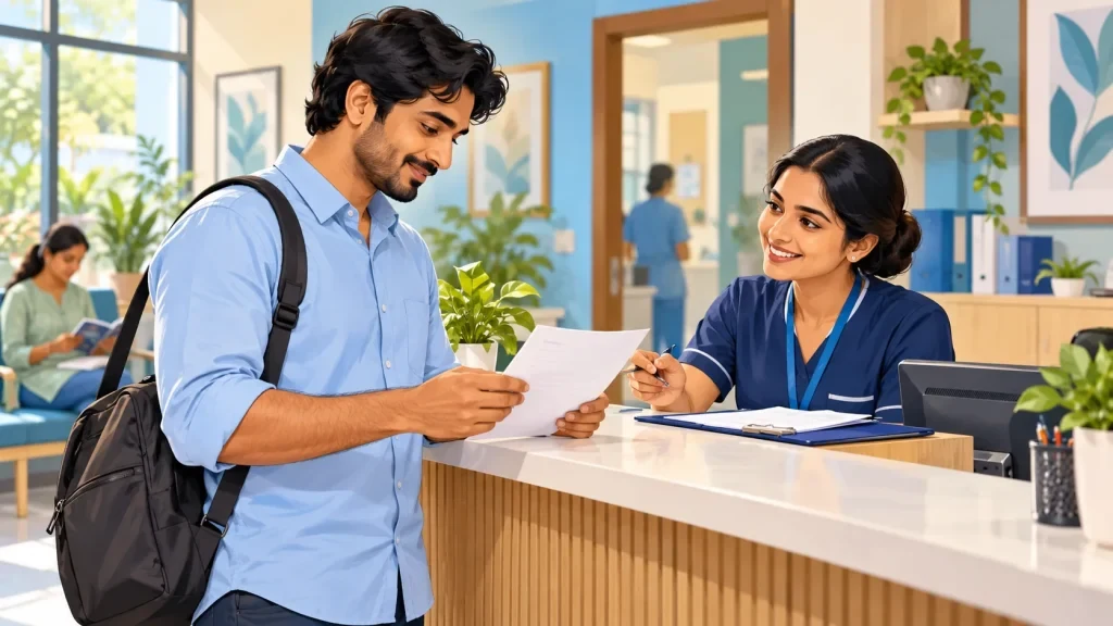 Clinic appointment: Visitor checking appointment documents at a local clinic reception