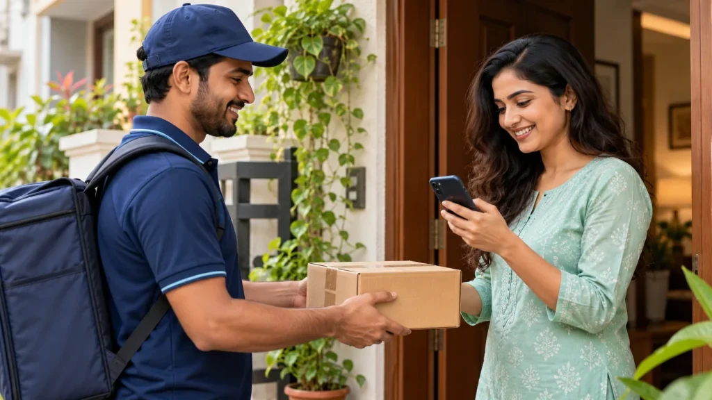 Delivery updates: Courier delivering a parcel to a customer at their doorway