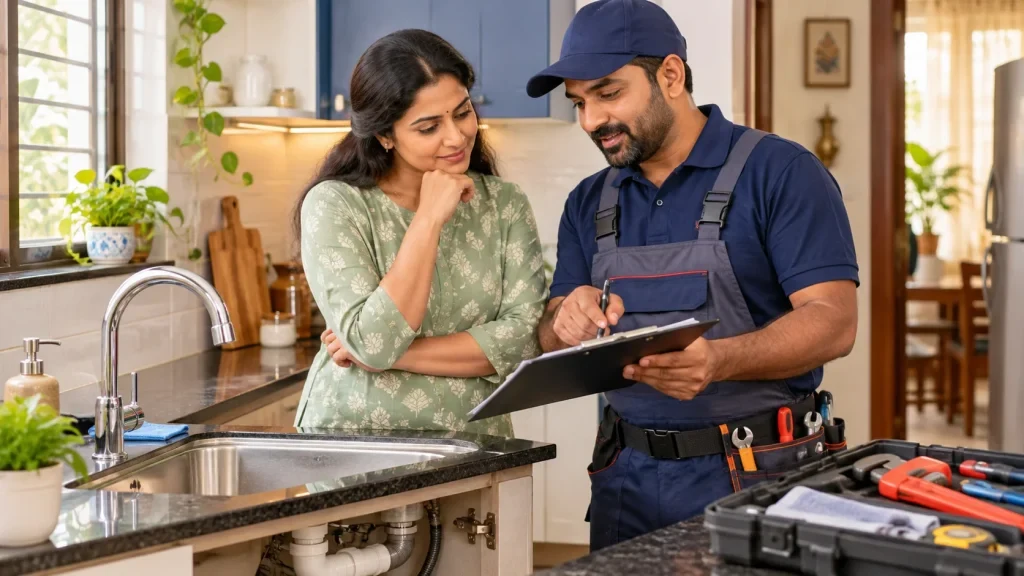 Home services: Homeowner discussing a job estimate with a plumber