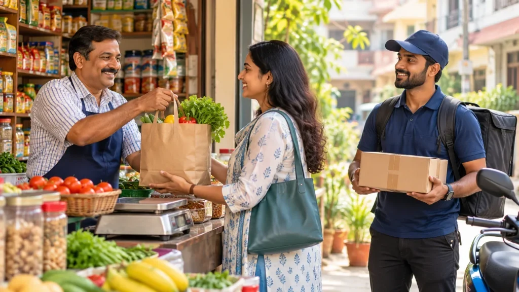 Local delivery: Customer collecting groceries while a delivery courier waits nearby Local delivery: Customer collecting groceries while a delivery courier waits nearby