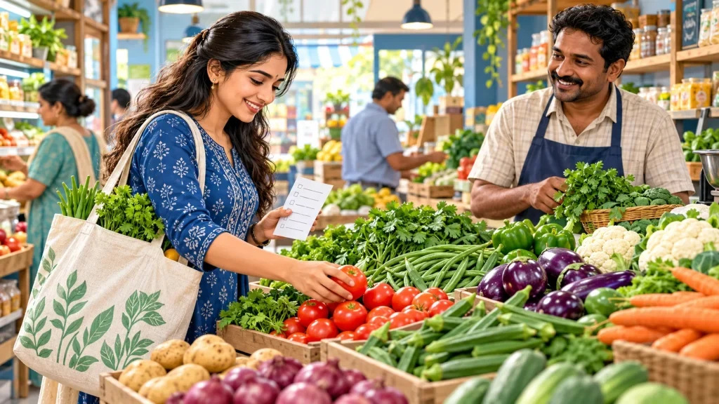 Shop local: Shopper choosing fresh vegetables at a local grocery shop Shop local: Shopper choosing fresh vegetables at a local grocery shop