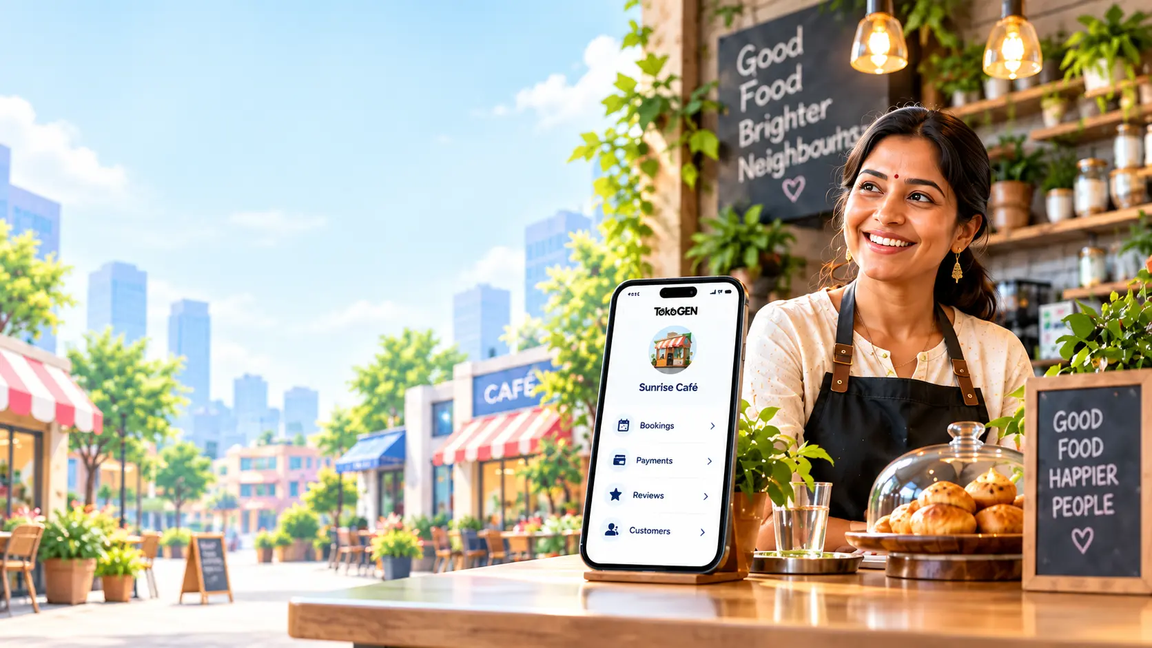 Café owner smiling behind her counter with the TokoGEN app open on a phone
