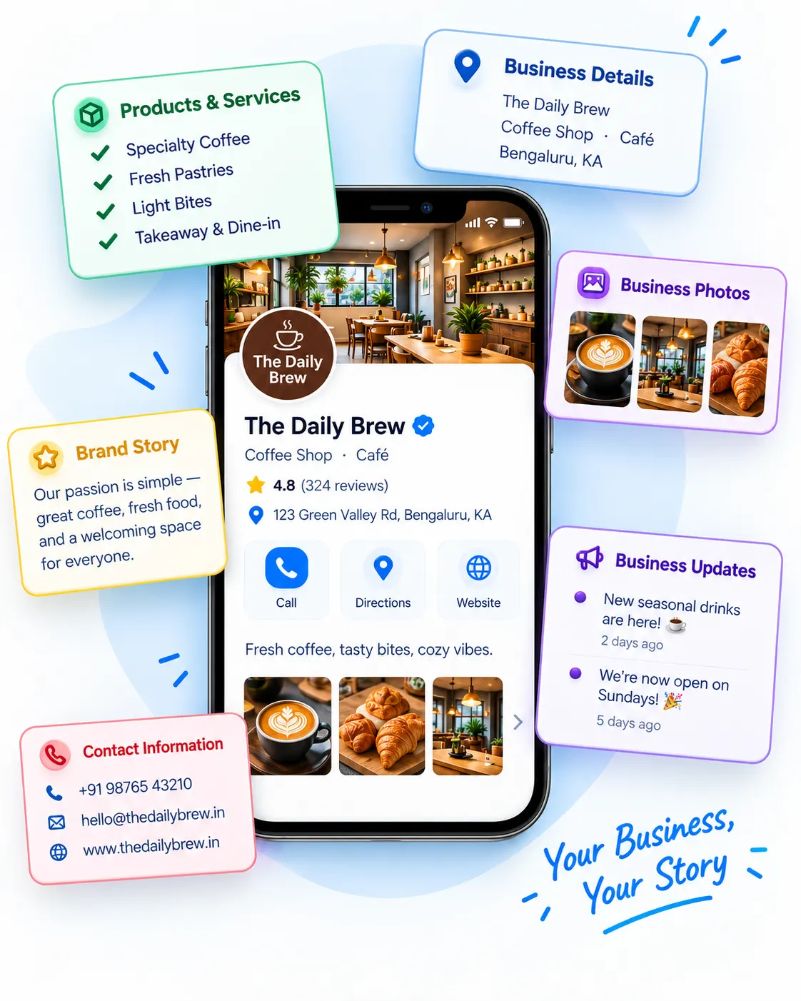 A business profile on a phone, with cards for business details, products and services, photos, brand story, updates and contact information
