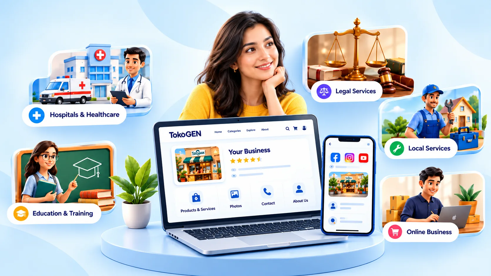 TokoGen connects hospitals and healthcare, legal, local services, education and online business, with a laptop and phone showing a business profile