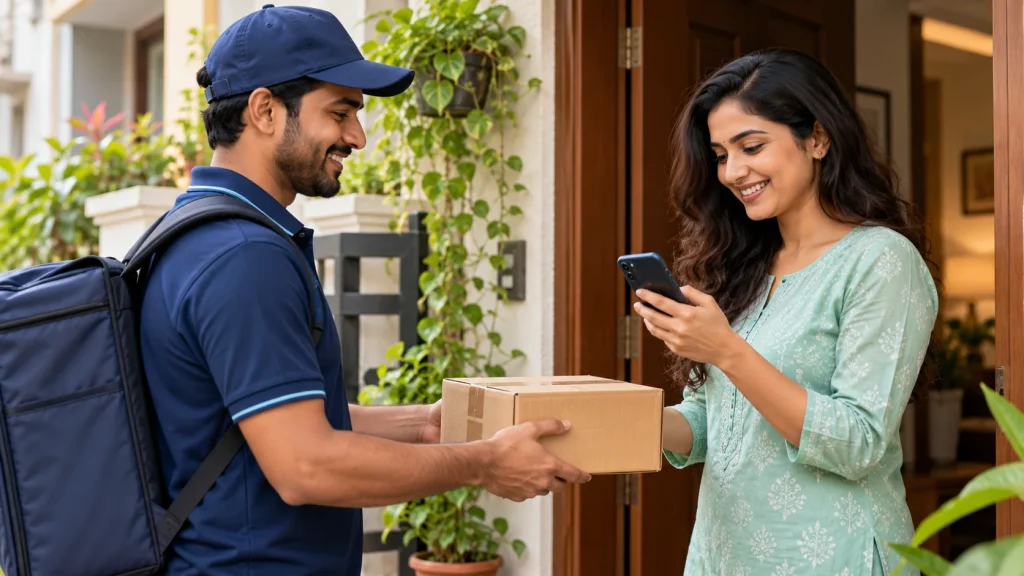 Delivery updates: Courier delivering a parcel to a customer at their doorway